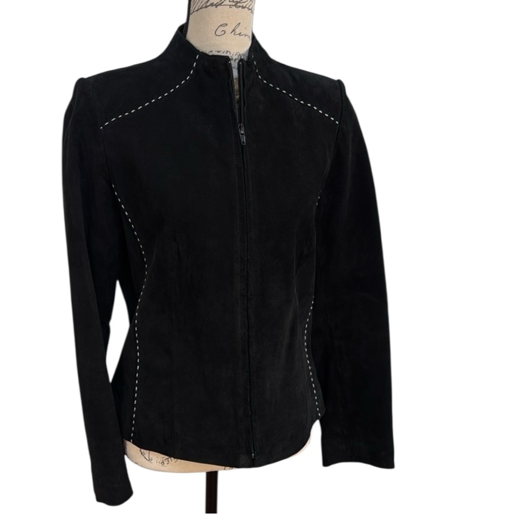 Vintage Suede Yvonne Marie Round Collar Jacket Black + White Top Stitching